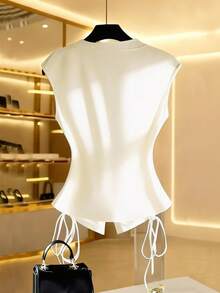 GlowEve 针织不对称领口，纽扣斜襟，落肩袖，配褶裥蝴蝶结，优雅精致的通勤休闲T恤上衣，女士款，白色，夏季 - 白色 - 查看 2