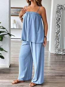 Roveilla Bộ áo liền quần dáng rộng không tay bằng vải pha lanh dành cho nữ cỡ lớn, thích hợp đi làm, đi nghỉ mát, đi biển, mùa xuân/hè. - Màu xanh bụi bặm - Xem 5