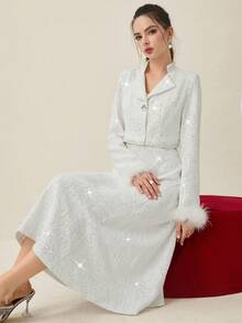 Opuloom Christmas Women's High-Quality Fabric Collared Shoulder Long Sleeve Shiny Knit Patchwork Straight Short Jacket Paired With A-Line Maxi Skirt, Elegant French Chic Casual Outfit For Daily Wear, Autumn/Winter - White - View 6