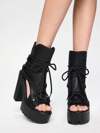 ROMWE Grunge Punk Ladies New Fashion Platform Lightweight High Heel Thick Bottom Black Brown Hollow Lace Retro Roman Sandals Short Boots Ankle Boots And Peep-Toe Short Boots