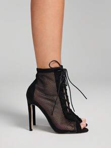 ROMWE Goth Fall/Winter 2025 Suedette Stiletto Heeled Lace-Up Front Sandal Boots, Ladies' Fashionable Black Plain Sandal Boots,Party Outfits - Black - View 6