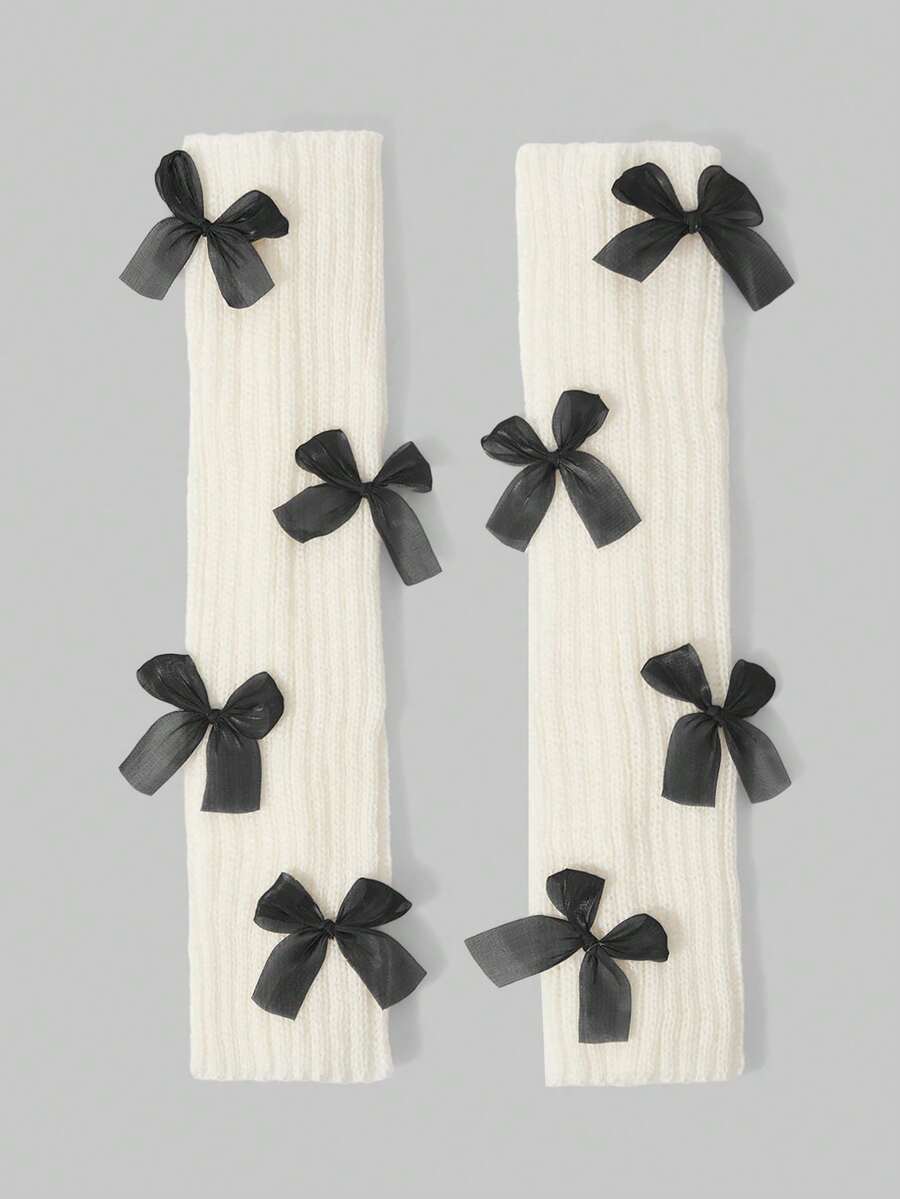 ROMWE Kawaii 1 双时尚休闲 Y2k 蝴蝶结露指手套手臂保暖手套，Jk 针织露指手套适合夜间外出、派对万圣节防寒手套 Y2k 情人节 - 彩色 - 查看 1