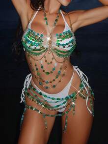 Swim SXY New Summer/Autumn Pearl Beaded Cover-Up, Sexy & Fashionable European & American Design, Suitable For Music Festivals And Electronic Music Festivals, Bohemian Style Women Coverup - Green - View 1