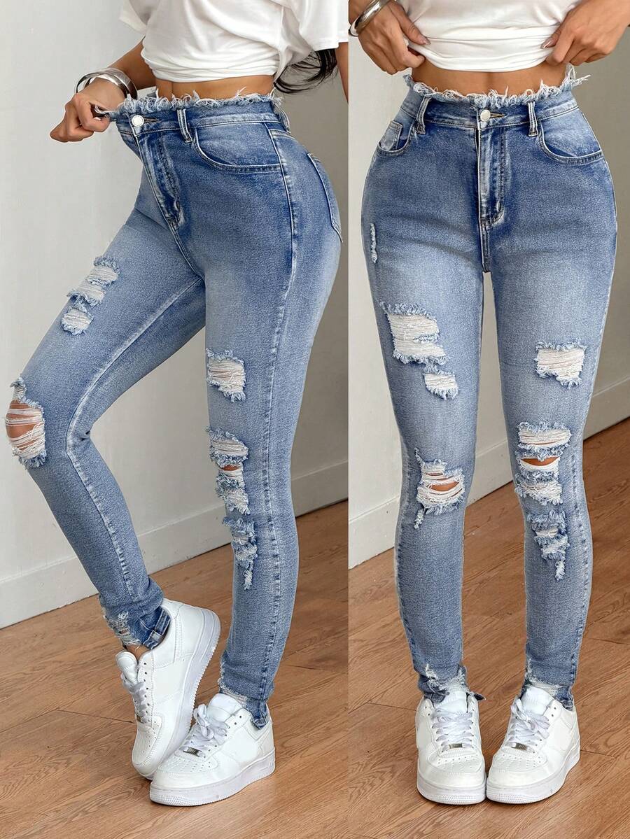 SHEIN Tall Spring To Summer Women's Jeans Casual Skinny High Stretch Jeans Blue Jeans Tall Women's Jeans Women Tights Women Jeans Pants Denim Pants Fall Clothes - Blue - View 1