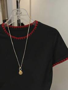 Resyla Kaos Lengan Pendek Wanita Kasual dengan Warna Kontras dan Bordir, Musim Panas - Hitam - View 4