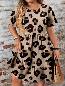 EMERY ROSE 休闲简约豹纹宽松圆领短袖大码连衣裙，适合夏季穿着，时尚百搭。 - 卡其色 - 查看 1