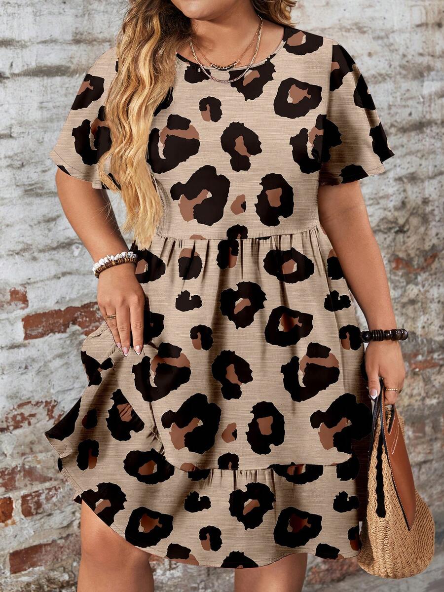 EMERY ROSE 休闲简约豹纹宽松圆领短袖大码连衣裙，适合夏季穿着，时尚百搭。 - 卡其色 - 查看 1