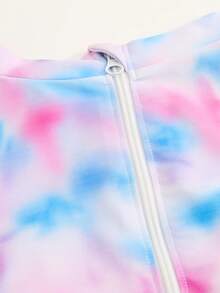 Swim Shayni Tie-Dye Strap Round Neck Long Sleeve Asymmetrical Print Women's Burkini Two Pieces Set - Multicolor - View 7