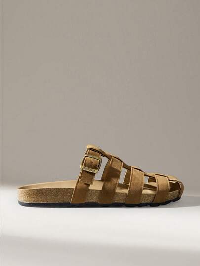 Solecia 女士夏季编织搭扣圆头厚底拖鞋，舒适软木绒面革日常休闲鞋