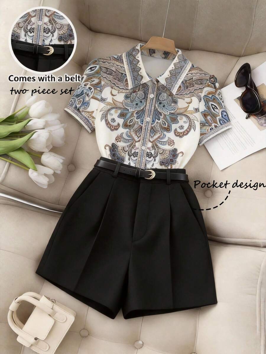 SHEIN Franclia Women's 2-Piece Set: Mandarin Collar Short Sleeve Cardigan With Button Closure Design, Retro Print High Waist A-Line Pants With Included Black Belt, Casual & Fashionable Daily Wear - Multicolor - View 1