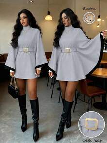 SHEIN Elenzya 女士披肩式喇叭袖套头衫羊毛混纺优雅休闲街头通勤商务浪漫约会派对圣诞节秋冬杏色羊毛大衣 - 淺灰色 - 查看 7