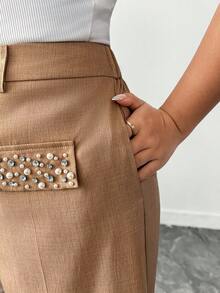 SHEIN Elenzya Gerade geschnittene, locker sitzende Lässig Hose in Unifarbe mit Taschen und Perlendekor, Große Größen - Khaki - Übersicht 6