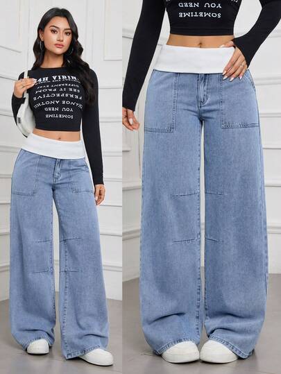 SHEIN Tall Spring To Summer Women's Casual Everyday Commute Fashion Street Contrast White Foldover Waist Loose Wide-Leg Denim Jeans