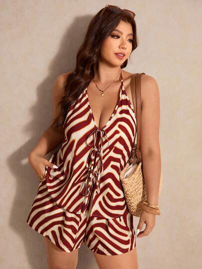 Elaquor Plus Size Casual Vacation Black 2 Pieces Set, Camisole + Shorts, New Summer Collection Spring/Summer Casual Beach Vacation Outfit Sets For Women