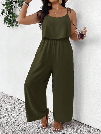 SHEIN Frenchy Plus Size Casual Vacation Textured Solid Color Jumpsuit