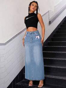 SHEIN Privé Women's Bow Print Pocket Casual Long Denim Skirt - Light Wash - View 3