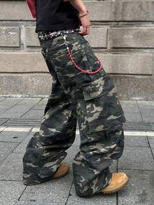 Manfinity EMRG 男士时尚休闲宽松阔腿牛仔裤，多口袋铆钉设计，百搭街头风服饰 - 軍綠色 - 查看 5