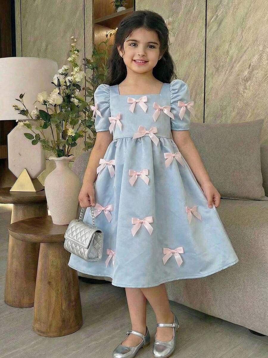 SHEIN 女童方领蝴蝶袖休闲连衣裙 - 淺藍色 - 查看 1