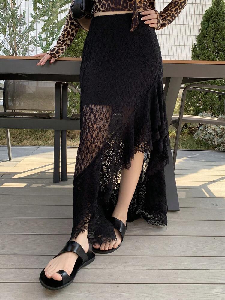 Women's Lace Patchwork Asymmetric Ruffle Hem Elegant Skirt