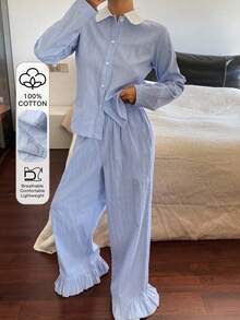 DAZY Women's Contrast Color Collar Patchwork Polka Dot Fabric Ruffle Trim Pajama Set - Blue - View 3