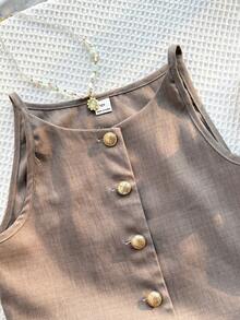 Tween Girls' Solid Color Button Decor Sleeveless Top And Shorts Set,Kids - Apricot - View 5