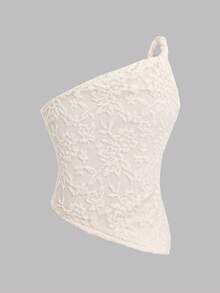 SHEIN 少女休闲优雅蕾丝扭结单肩修身T恤，适合日常穿着 - 白色 - 查看 3