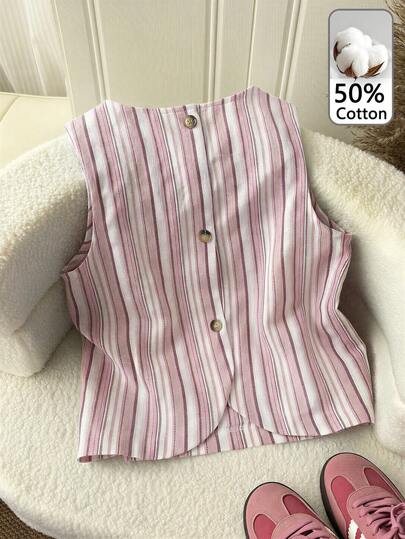 SHEIN LUNE Women's Casual Striped Button-Up Sleeveless Shirt Summer Outfits For Women Summer Top Spring Outfit Women Going Out Tops Vacation Outfits Women Summer Holiday Outfits Pink  Cruise Outfit For Women Tank Tops Resort Wear Women