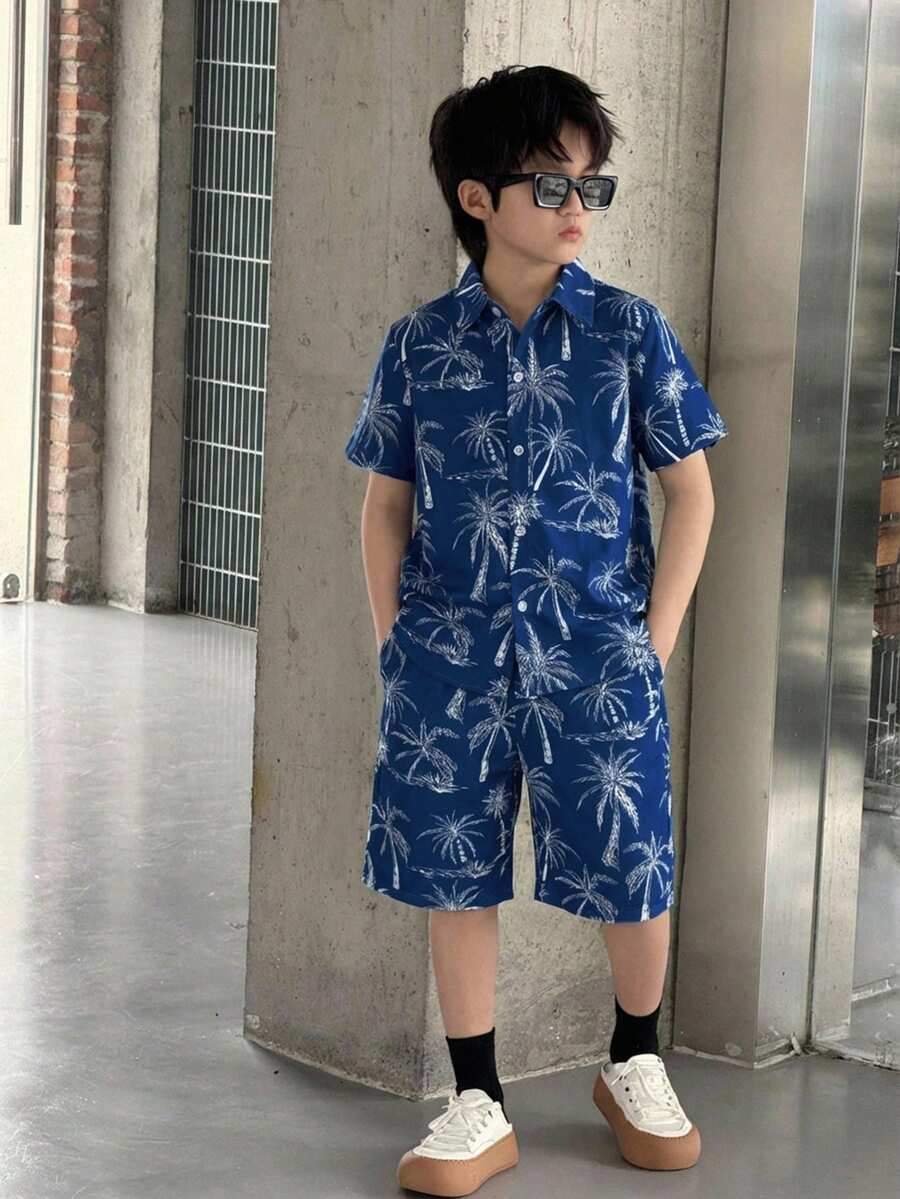 SHEIN 两件套青少年男童度假翻领梭织短袖衬衫和短裤套装 - 彩色 - 查看 1