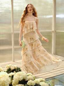 MOTF PREMIUM WOMEN'S FLORAL PRINT RUFFLED LAYERED ROMANTIC SPAGHETTI STRAP DRESS, SPRING/SUMMER - Apricot - View 6