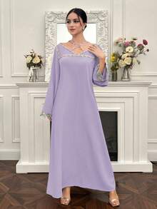 Yasmyna New Design Ruffled Collar Criss-Cross Romantic Elegant Vacation Dress - Mauve Purple - View 4