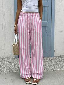 SHEIN EZwear 粉色条纹梭织休闲阔腿裤，适合女士穿着，也适合海滩度假 - 粉色 - 查看 4