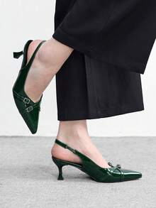CUCCOO BIZCHIC Bombas de tacón de gatito con punta puntiaguda de material de PU, adecuadas para el uso diario, el trabajo y las fiestas - Verde Oscuro - Ver 5