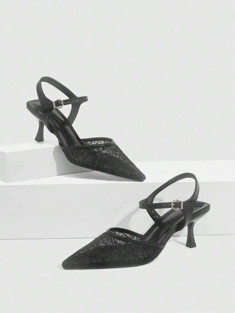 CUCCOO SZL Elegant Pointed Toe Mesh High Heel Sandals, Closed Toe Buckle Strap Kitten Heel Party Evening Dress Pumps For Women, Sexy Increase Height Ladies High Heels Valentine's Day