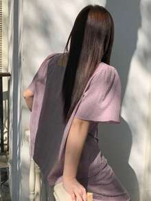 Dazy Plus 大码女式撞色蕾丝宽松圆领上衣和裤子睡衣套装，春夏款 - 紫色 - 查看 8