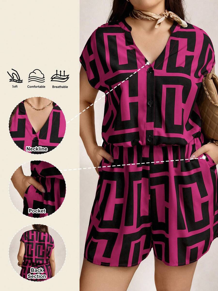 Zelara Women's Plus-Size Summer Black Asymmetrical Geometric Print Two Piece Set,Smart Casual Vacation Lounge Outfits,Nautical Navycore Jumpsuit Coord Set - Hot Pink - View 1