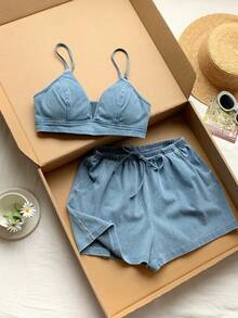 Comfortcana 女士休闲度假牛仔吊带背心和短裤套装 - 深色水洗藍 - 查看 3