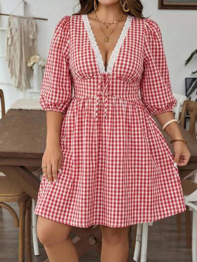 SHEIN VCAY Vestido de manga larga con cuello en V y estampado de cuadros para tallas grandes