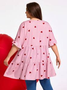 SHEIN CURVE+ 加大码女装春夏休闲条纹爱心图案灯笼袖复古衬衫波西米亚风度假风，情人节娃娃衬衫 - 彩色 - 查看 2