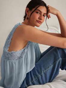 Freevana Camiseta de mujer de talla grande, romántica y elegante, con nuevo diseño de encaje y parches para la primavera temprana - Celeste - Ver 4