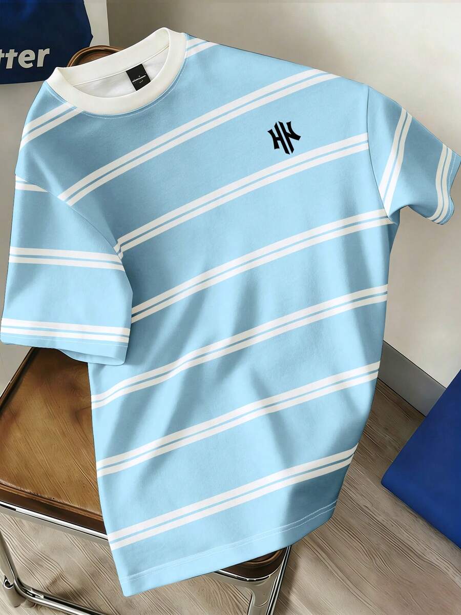 Manfinity Joysei 男士休闲条纹印花圆领短袖T恤，夏季 - 水鴨藍 - 查看 1