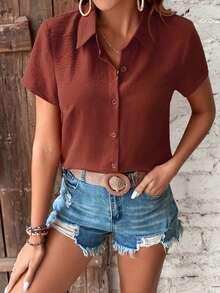 Breezaya 纯色常规肩短袖前开襟纽扣宽松休闲衬衫，棕色衬衫，女士棕色衬衫，咖啡棕色上衣，锈棕色上衣，锈棕色衬衫，棕色纽扣衬衫，短袖纽扣衬衫，女士纽扣衬衫，女士休闲装，女士衬衫，女士上衣和衬衫，女士纯色衬衫，女士休闲Polo衫 - 棕色 - 查看 7