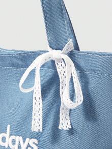 ROMWE Kawaii Bolso de tela vaquera estilo casual Y2K de KVKY, bolso de hombro con cadena y estampado de letras, de gran capacidad, para chicas adolescentes, mujeres, estudiantes universitarias, escuela secundaria, escuela intermedia, uso diario, viajes, salidas, trabajo, negocios, transporte, vacaciones, compras, morral para la semana del libro - Multicolor - Ver 5