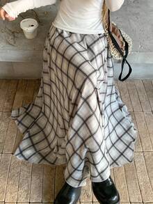 DAZY Women's Casual Commuter Plaid Long Skirt - Apricot - View 4