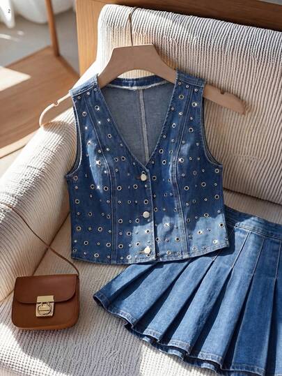 SHEIN MOD Women's V-Neck Single-Breasted Denim Vest With Eyelet Design Summer Outfits Spring Outfit Women Carnival Costume Beach Outfit  Going Out Top Vacation Outfits Women Casual Blouses For Women Casual Outfit For Women Y2k Clothes Sparkly Top Sequin Top  Shiny Top Womens Blue Denim Vest  With Eyelet Detail