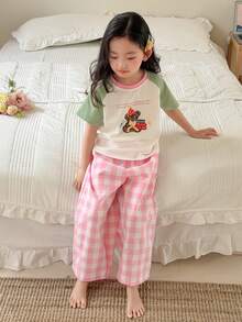DAZY 2pcs/Set Girls (Small) Round Neck Knit Printed Short Sleeve T-Shirt & Plaid Long Pants Casual Outfit - Multicolor - View 5
