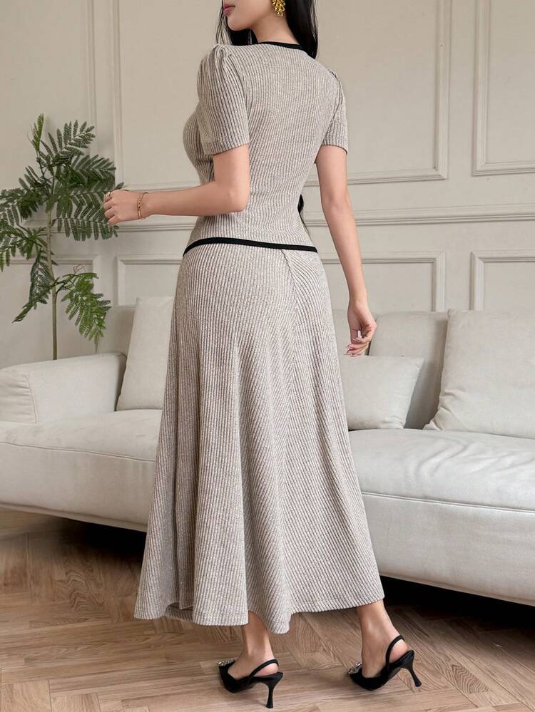 Women's Elegant Contrast Color V-Neck Puff Sleeve Top And A-Line Skirt 2 Piece Set, Spring Summer
