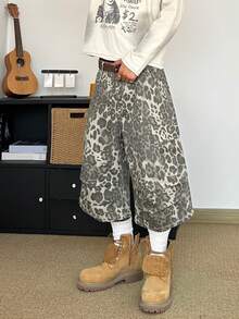 STEELVANCE 复古豹纹工装短裤，多口袋设计，字母和音符图案，宽松直筒版型，休闲街头风，夏季款 - 卡其色 - 查看 6