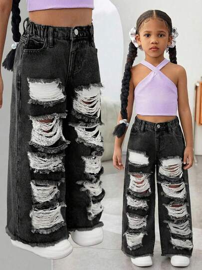 SHEIN Young Girl Y2K Pockets Wide Leg Loose Distressed Denim Jeans, Kid Girls Spring And Summer Casual Vacation Country Boho Wear, Beach Outfits For Kid Girls, Western Street Wear For Girl, Spring Break Outfits, Rave Outfits Festival Denim Pant