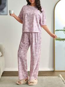 EURMUSE Conjunto de pijama de mujer de talla grande de algodón con pantalón largo y camisa de manga corta con estampado de corazones de color contrastante para estar cómoda en casa - Multicolor - Ver 6