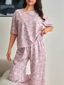 EURMUSE Conjunto de pijama de mujer de talla grande de algodón con pantalón largo y camisa de manga corta con estampado de corazones de color contrastante para estar cómoda en casa - Multicolor - Ver 3